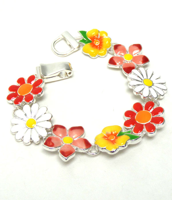 Metal epoxy flower link magnetic clasp bracelet