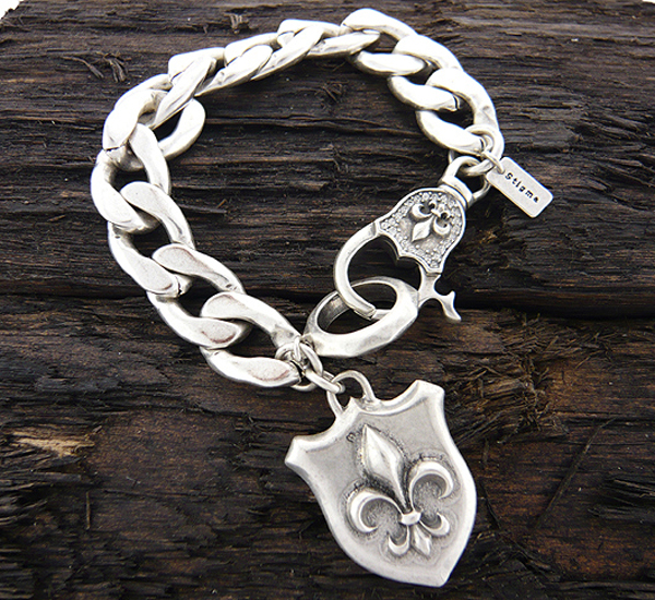 Mens stainless steel wide chain bracelet - fleur de lis shield charm - 8 inch