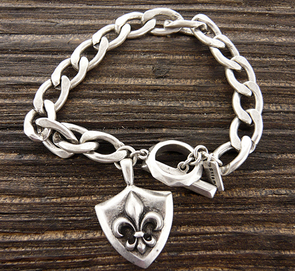 Mens stainless steel chain bracelet - fleur de lis shield charm - 8 inch