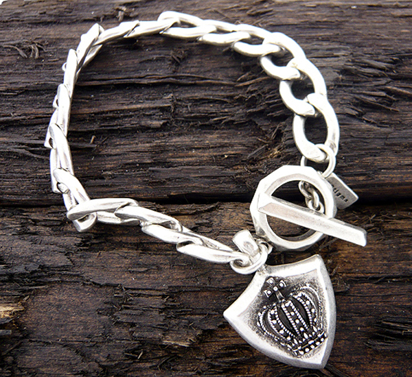 Mens stainless steel chain bracelet - crown shield charm - 8 inch