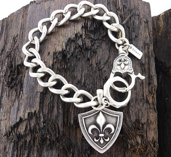 Mens stainless steel chain bracelet - fleur de lis shield charm - 9 inch