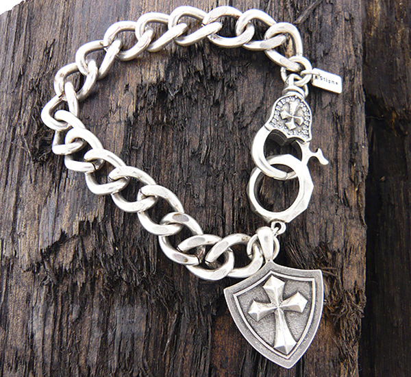 Mens stainless steel chain bracelet - cross shield charm - 8 inch