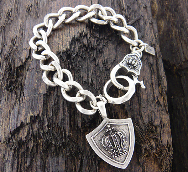 Mens stainless steel chain bracelet - crown shield charm - 8 inch