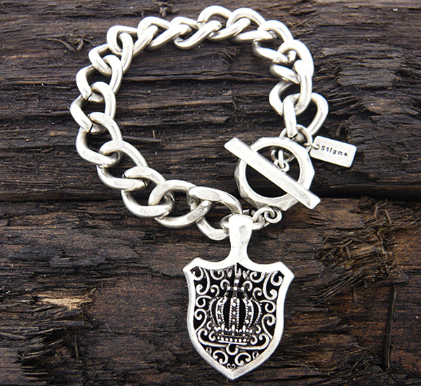 Mens stainless steel chain bracelet - crown shield charm - 8 inch