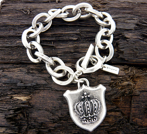 Mens stainless steel chain bracelet - crown shield charm - 8 inch