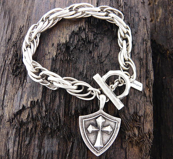 Mens stainless steel chain bracelet - cross shield charm - 8 inch