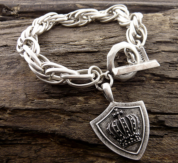 Mens stainless steel chain bracelet - crown shield charm - 8 inch