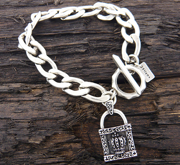 Mens stainless steel chain bracelet - crown lock charm - 8 inch