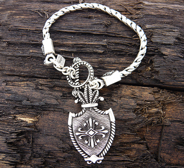 Mens stainless steel braided metal bracelet - cross shield charm - 8 inch