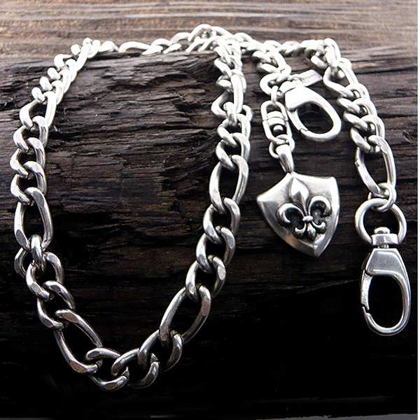 Mens stainless steel jeans chain - fleur de lis shield charm