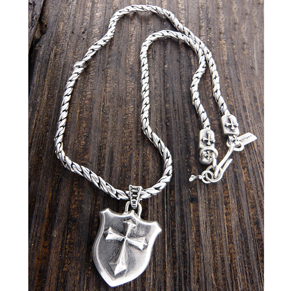 Mens stainless steel metal chain necklace - cross shield pendant