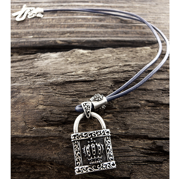 Mens stainless steel leather chain necklace - lock pendant