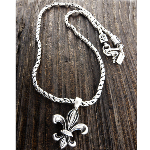 Mens stainless steel metal chain necklace - crystal fleur de lis pendant