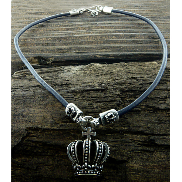 Mens stainless steel leather chain necklace - crown pendant