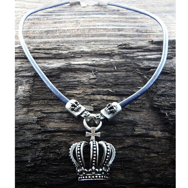 Mens stainless steel leather chain necklace - crown pendant