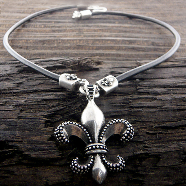 Mens stainless steel leather chain necklace - fleur de lis pendant