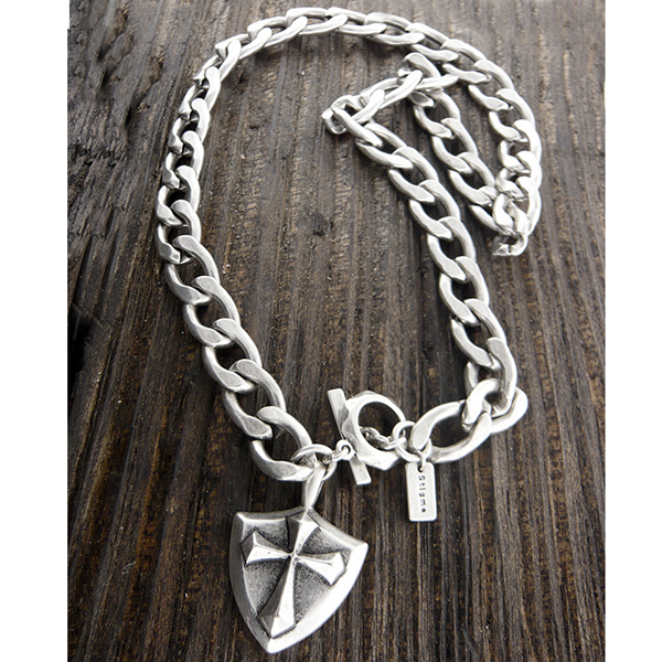 Mens stainless steel metal chain necklace - cross shield pendant