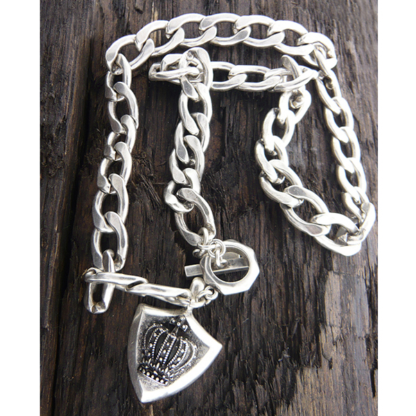 Mens stainless steel metal chain necklace - crown shield pendant