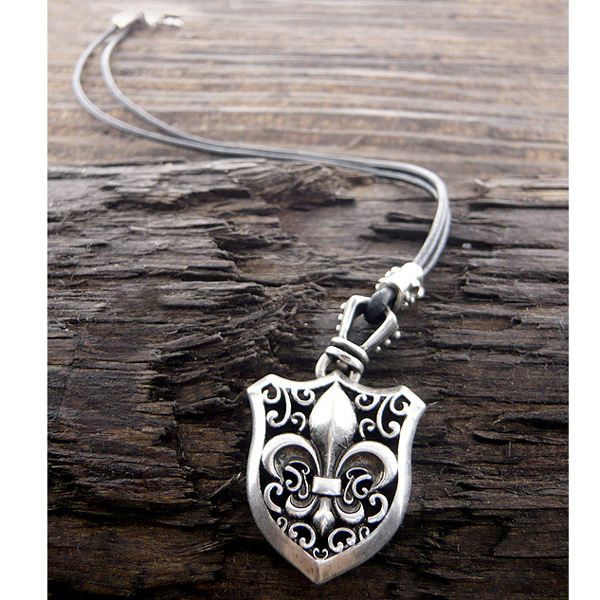 Mens stainless steel leather chain necklace - fleur de lis pendant