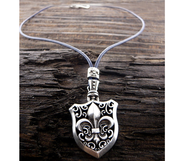 Mens stainless steel leather chain necklace - fleur de lis pendant