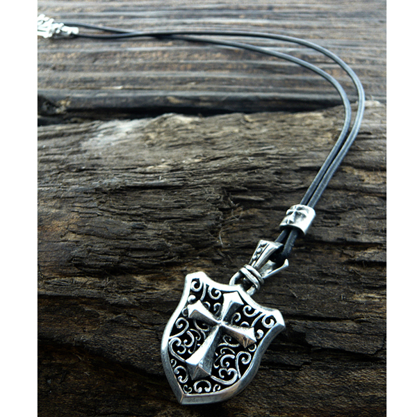 Mens stainless steel leather chain necklace - cross shield pendant