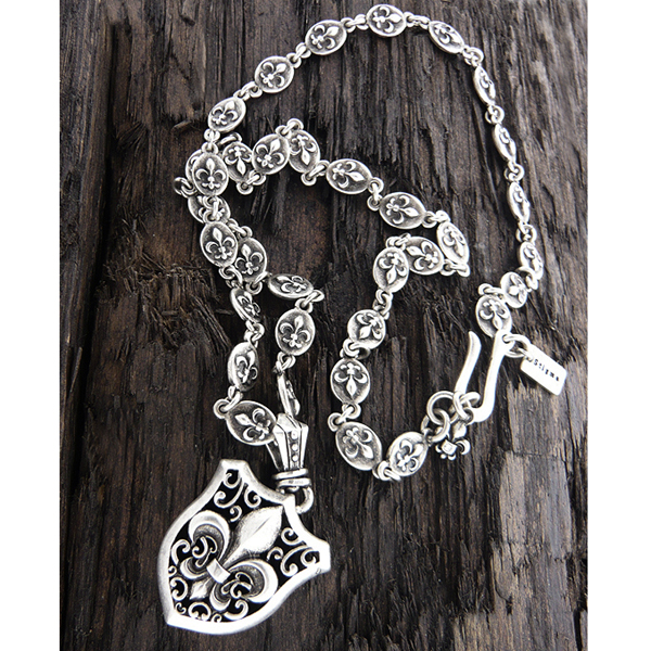 Mens stainless steel metal chain necklace - fleur de lis pendant