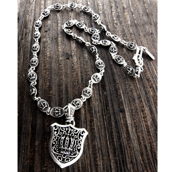 Mens stainless steel metal chain necklace - crown shield pendant