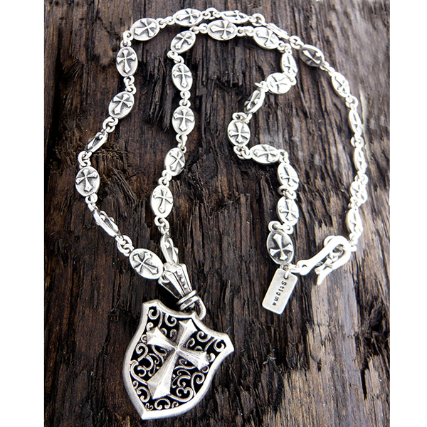 Mens stainless steel metal chain necklace - cross shield pendant