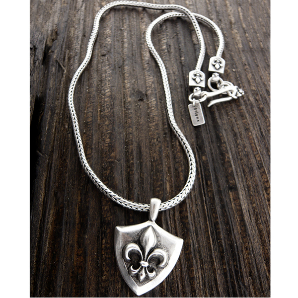 Mens stainless steel metal chain necklace - fleur de lis shield pendant