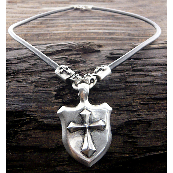 Mens stainless steel leather chain necklace - cross shield pendant