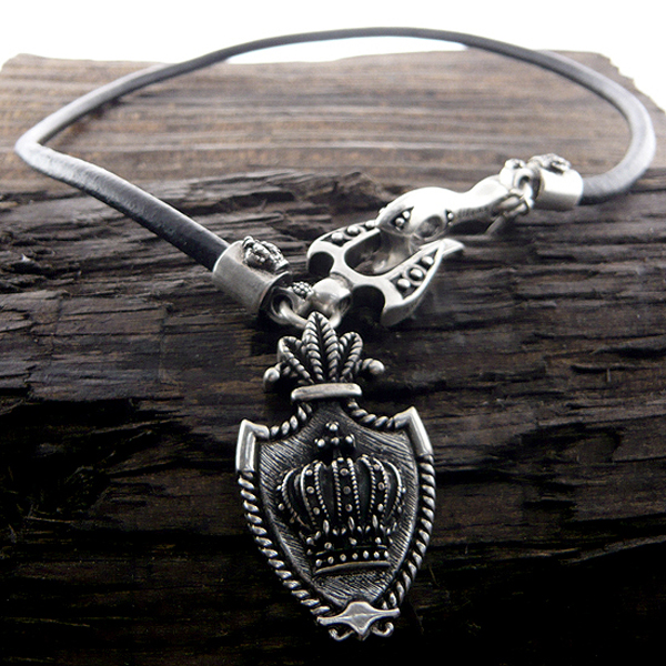 Mens stainless steel leather chain necklace - crown shield pendant