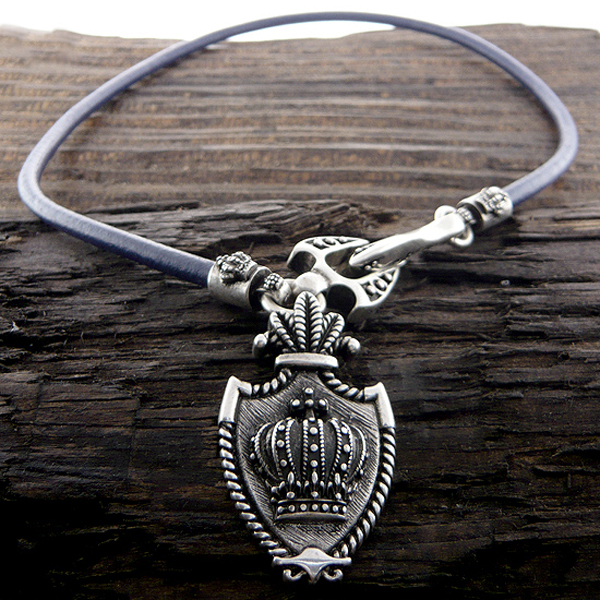 Mens stainless steel leather chain necklace - crown shield pendant