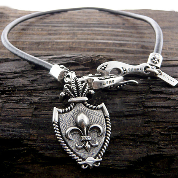 Mens stainless steel leather chain necklace - fleur de lis shield pendant