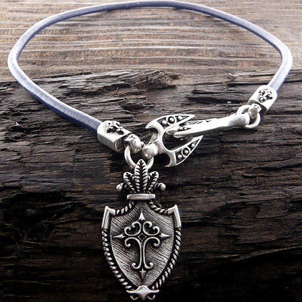 Mens stainless steel leather chain necklace - cross shield pendant