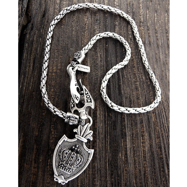 Mens stainless steel metal chain necklace - crown shield pendant