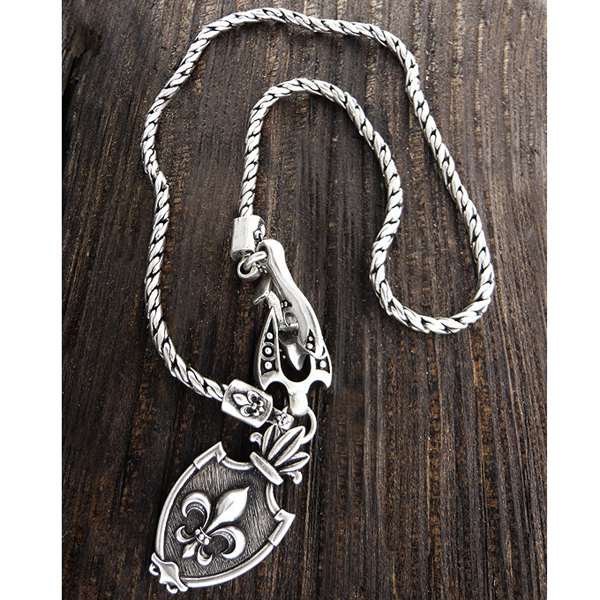 Mens stainless steel metal chain necklace - fleur de lis shield pendant