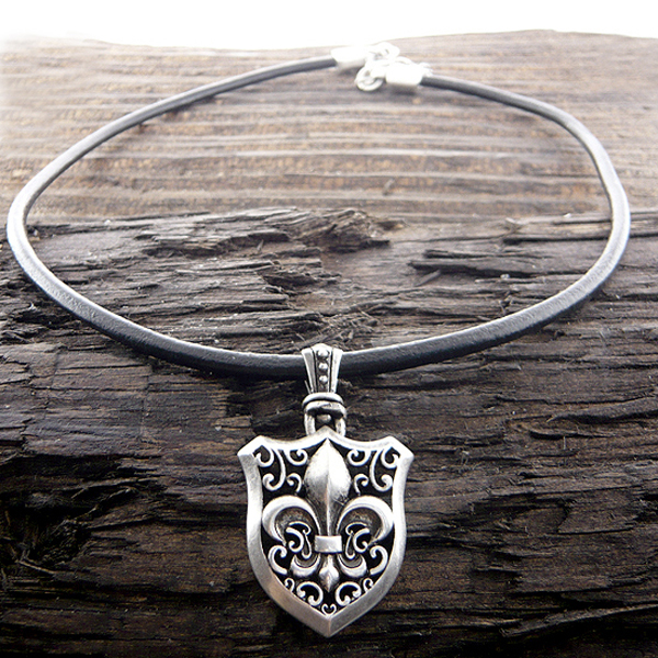 Mens stainless steel leather chain necklace - fleur de lis shield pendant