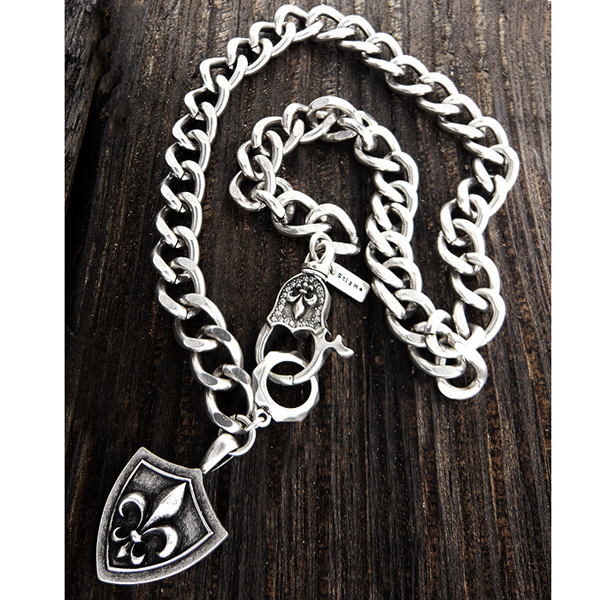 Mens stainless steel metal chain necklace - fleur de lis shield pendant