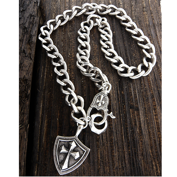 Mens stainless steel metal chain necklace - cross shield pendant