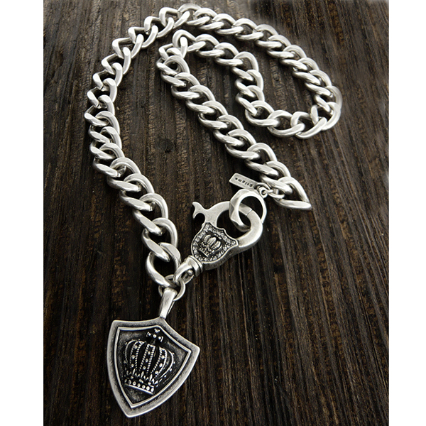 Mens stainless steel metal chain necklace - crown shield pendant