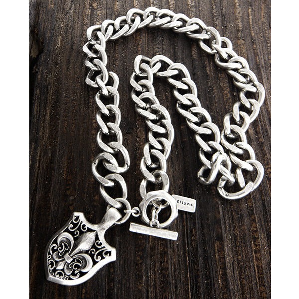 Mens stainless steel metal chain necklace - fleur de lis shield pendant