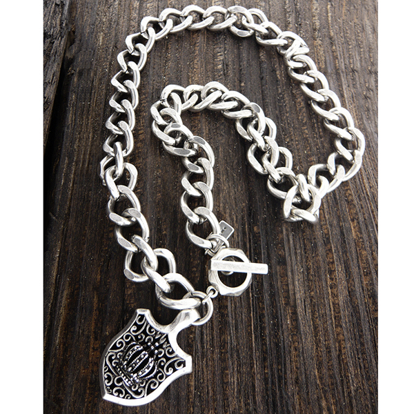 Mens stainless steel metal chain necklace - crown shield pendant