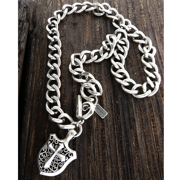 Mens stainless steel metal chain necklace - cross shield pendant