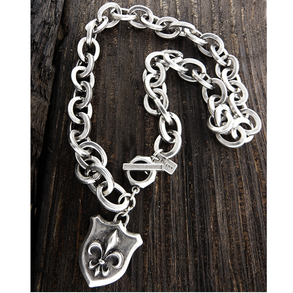 Mens stainless steel metal chain necklace - fleur de lis shield pendant