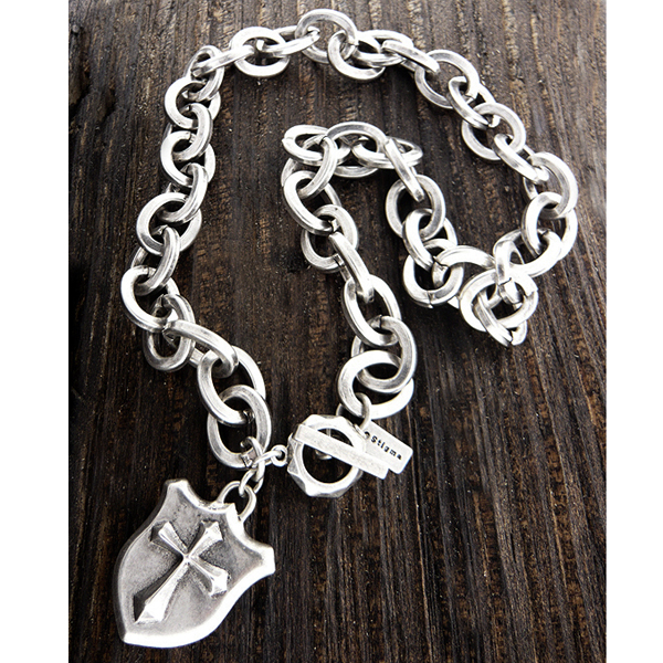 Mens stainless steel metal chain necklace - cross shield pendant