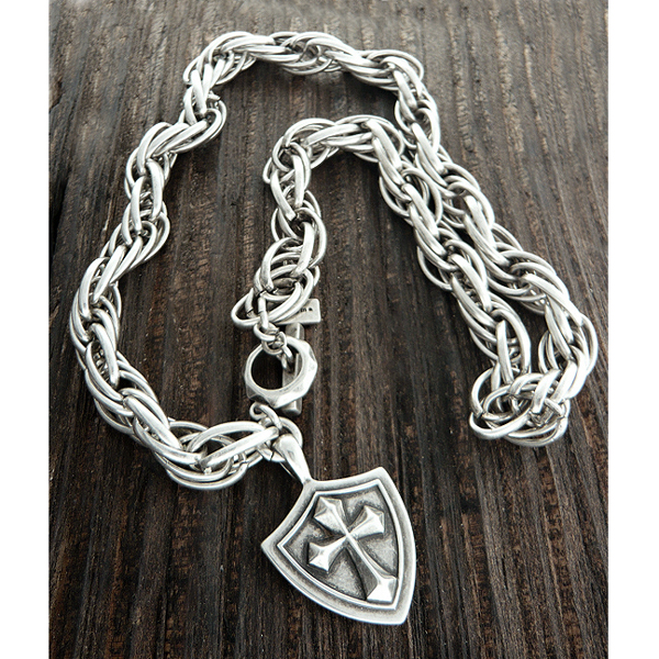 Mens stainless steel metal chain necklace - cross shield pendant