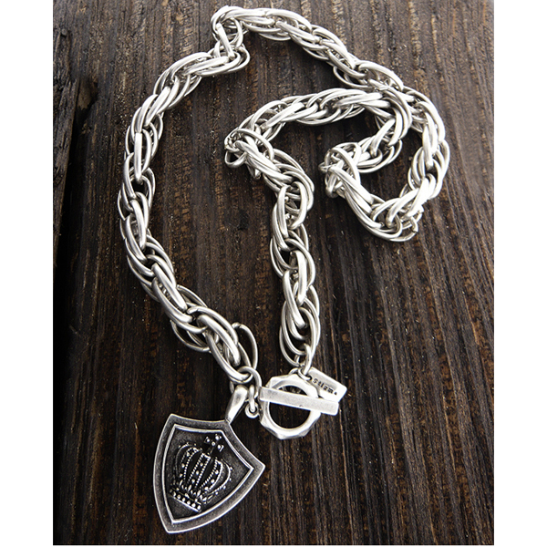 Mens stainless steel metal chain necklace - crown shield pendant