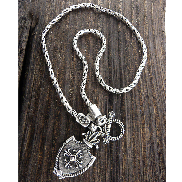 Mens stainless steel metal chain necklace - cross shield pendant