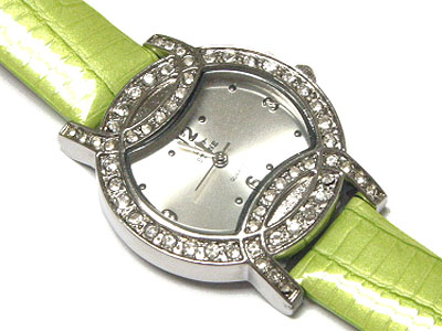 Crystal accent genuine leather band fashion watch