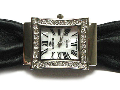 Crystal square frame metalic ribbon band watch